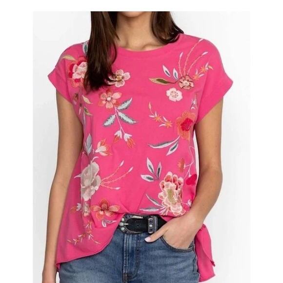 Johnny Was Women’s Floral Embroidered Tunic Sz L Pink Cotton Short Sleeve - Picture 1 of 10